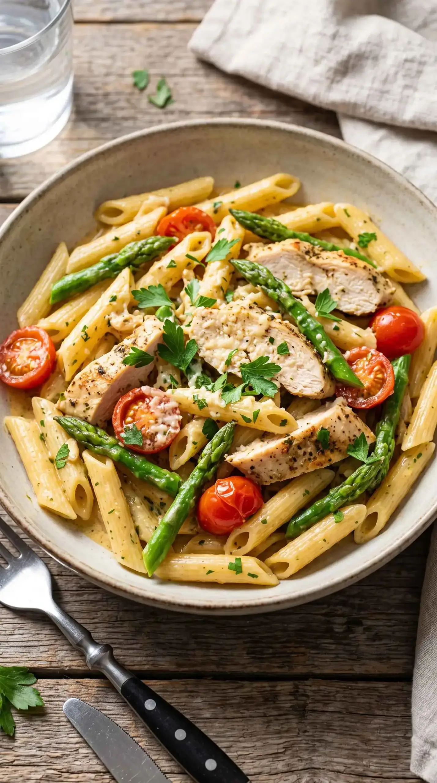 Creamy chicken pasta lactose-free recipe served in a bowl