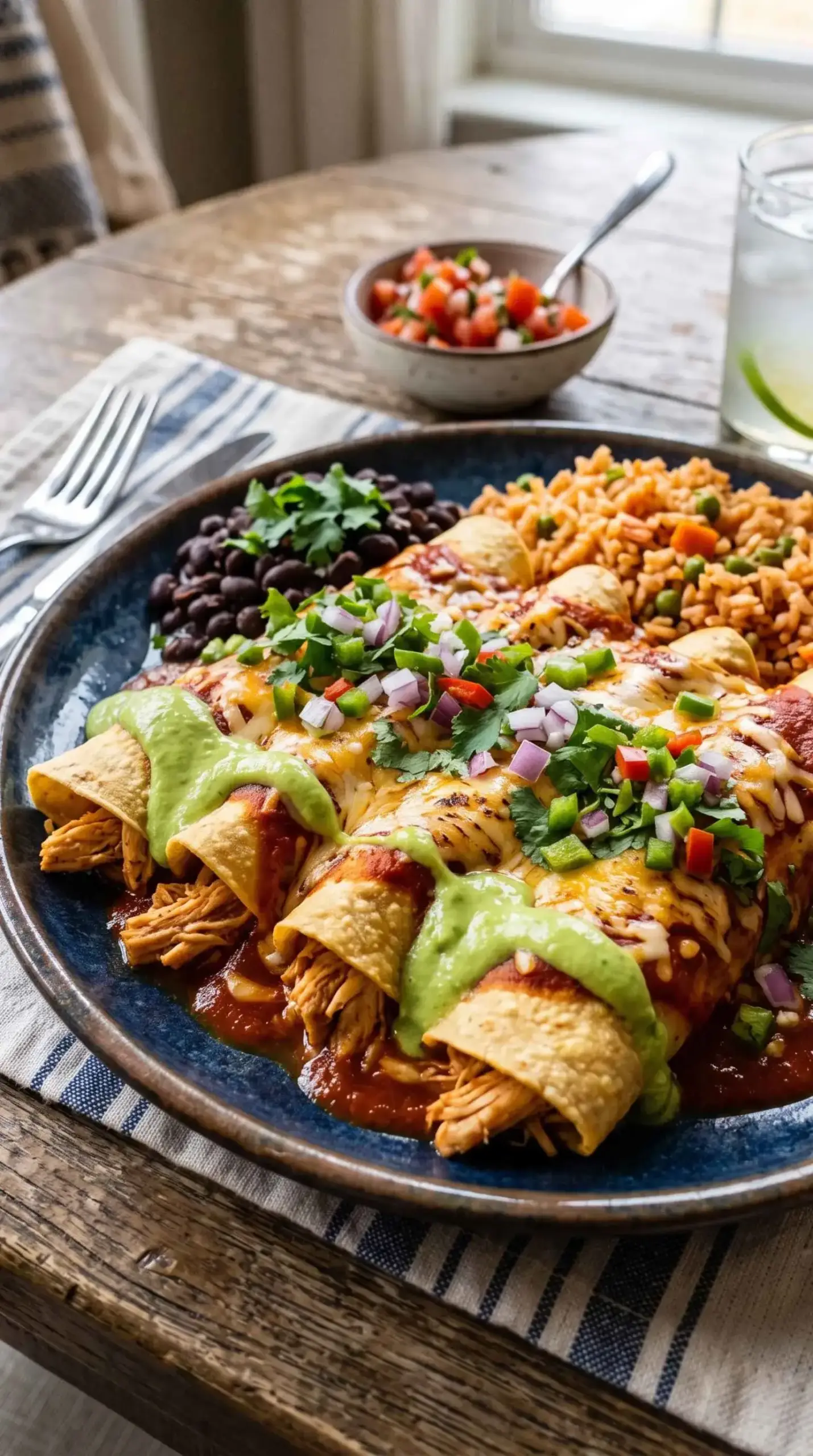 Easy lactose-free chicken enchiladas served with fresh cilantro and jalapeños