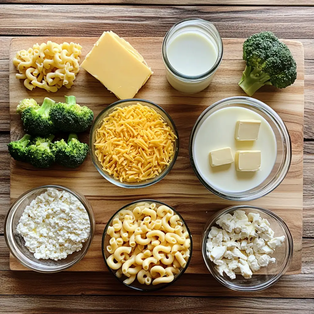Ingredients for high protein mac and cheese no cottage cheese, including high-protein pasta, cheddar, Greek yogurt, evaporated milk, butter, and optional add-ins.