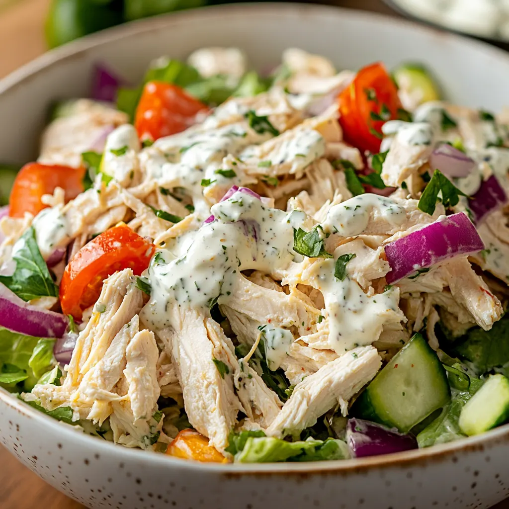 High protein low calorie chicken salad made with Greek yogurt, lean chicken breast, celery, and red onion, served in a bowl