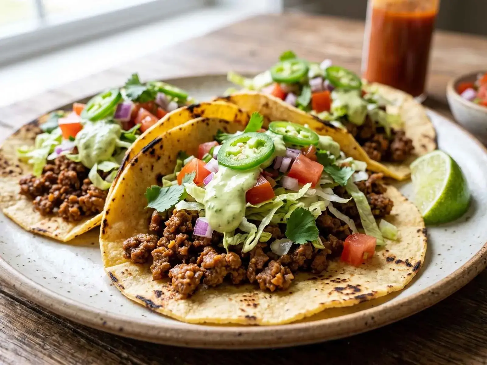 Lactose-free beef tacos with seasoned ground beef, avocado, and fresh vegetables