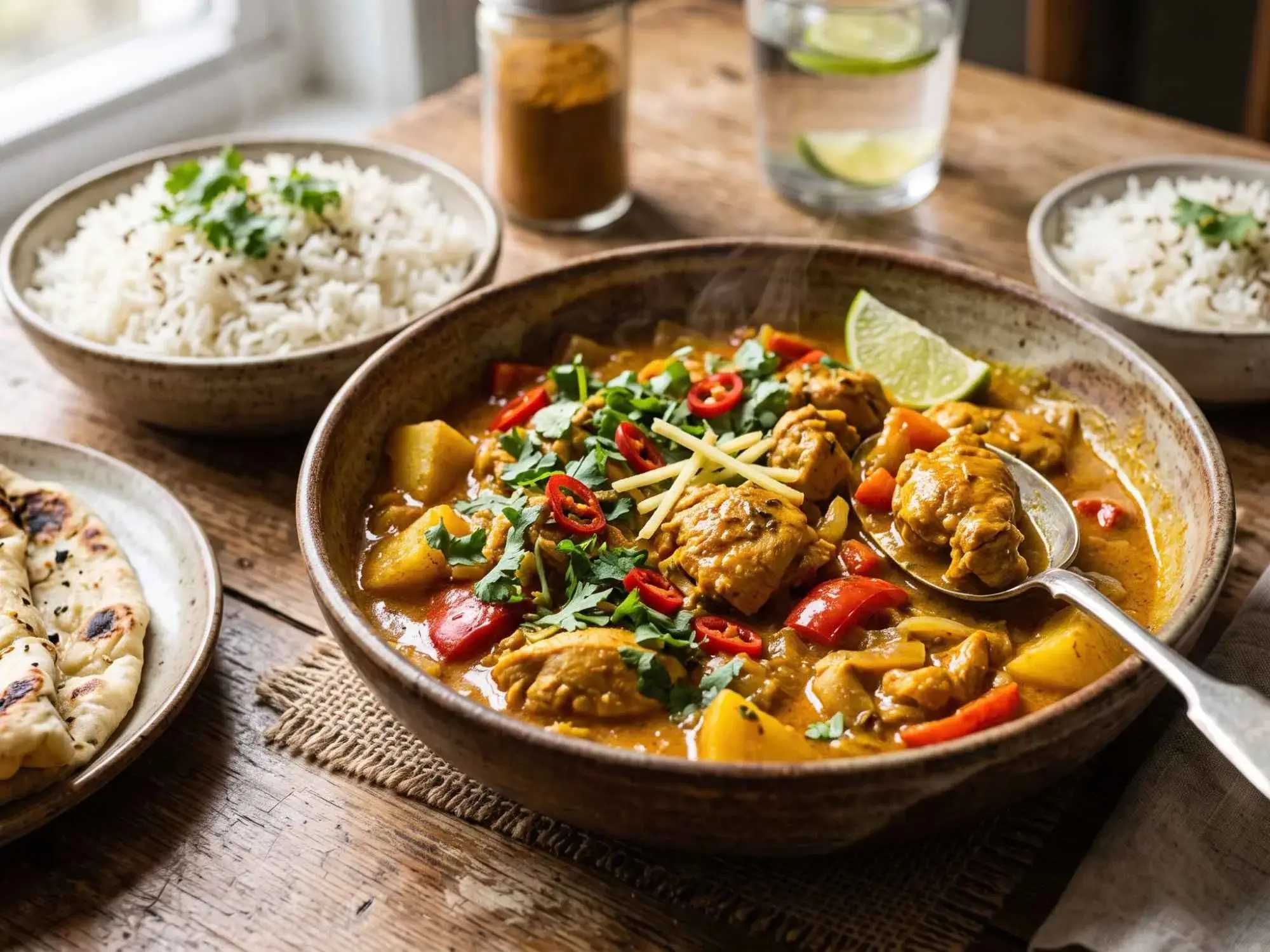Lactose-free chicken curry served with basmati rice and cilantro