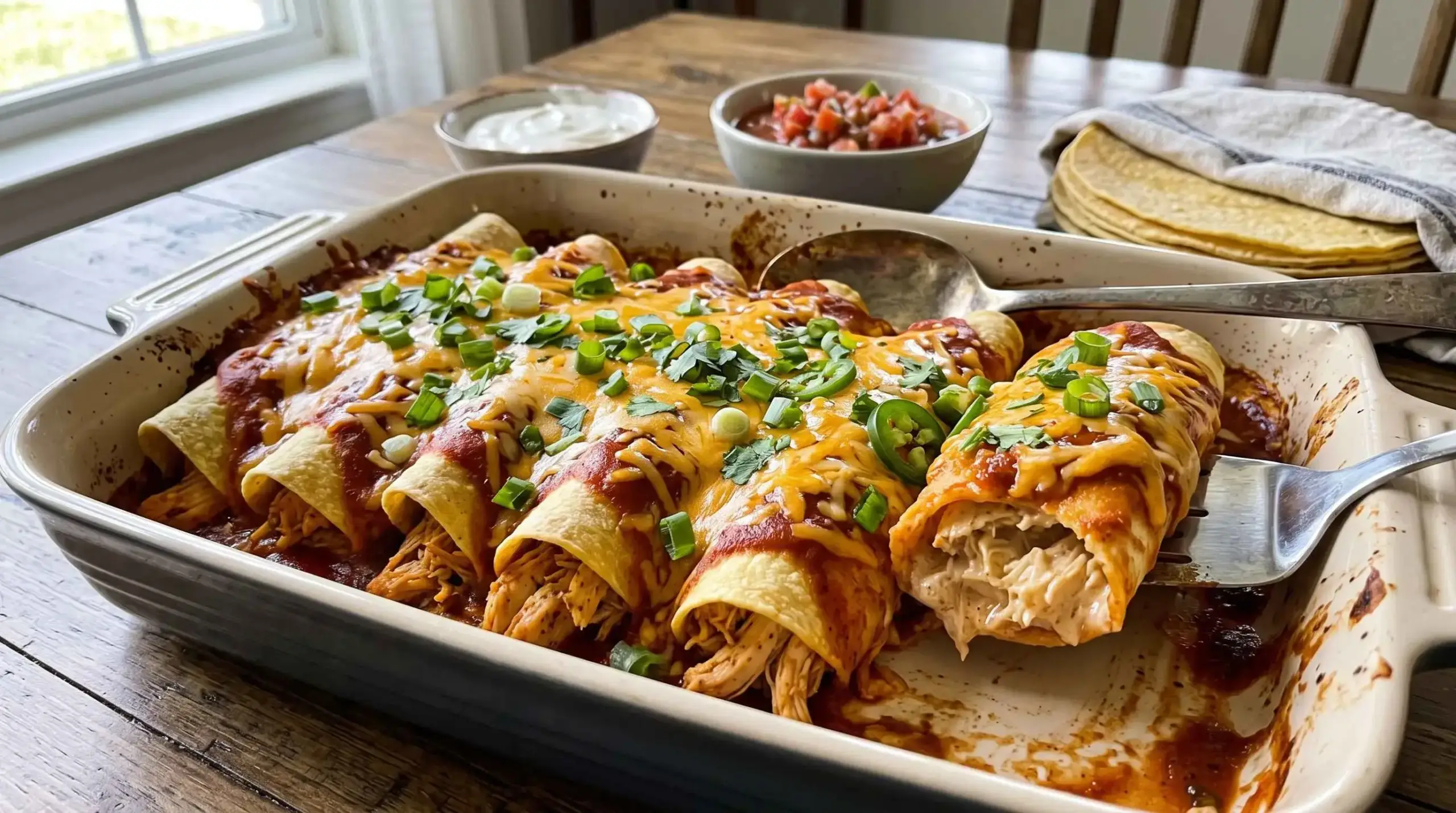 Lactose-free chicken enchiladas topped with melted cheese and fresh cilantro