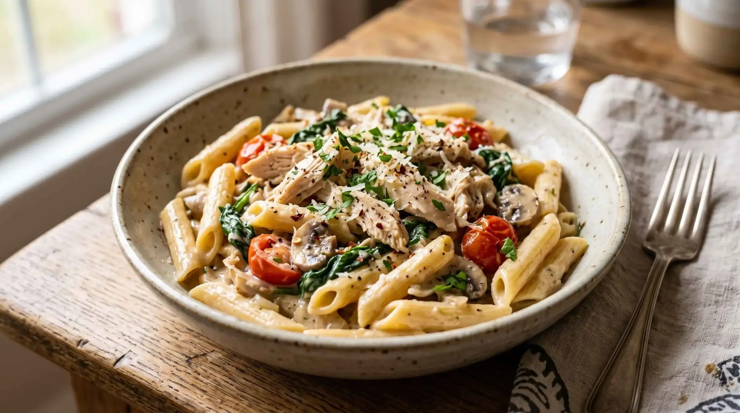Lactose-free creamy chicken pasta with garlic sauce and fresh parsley