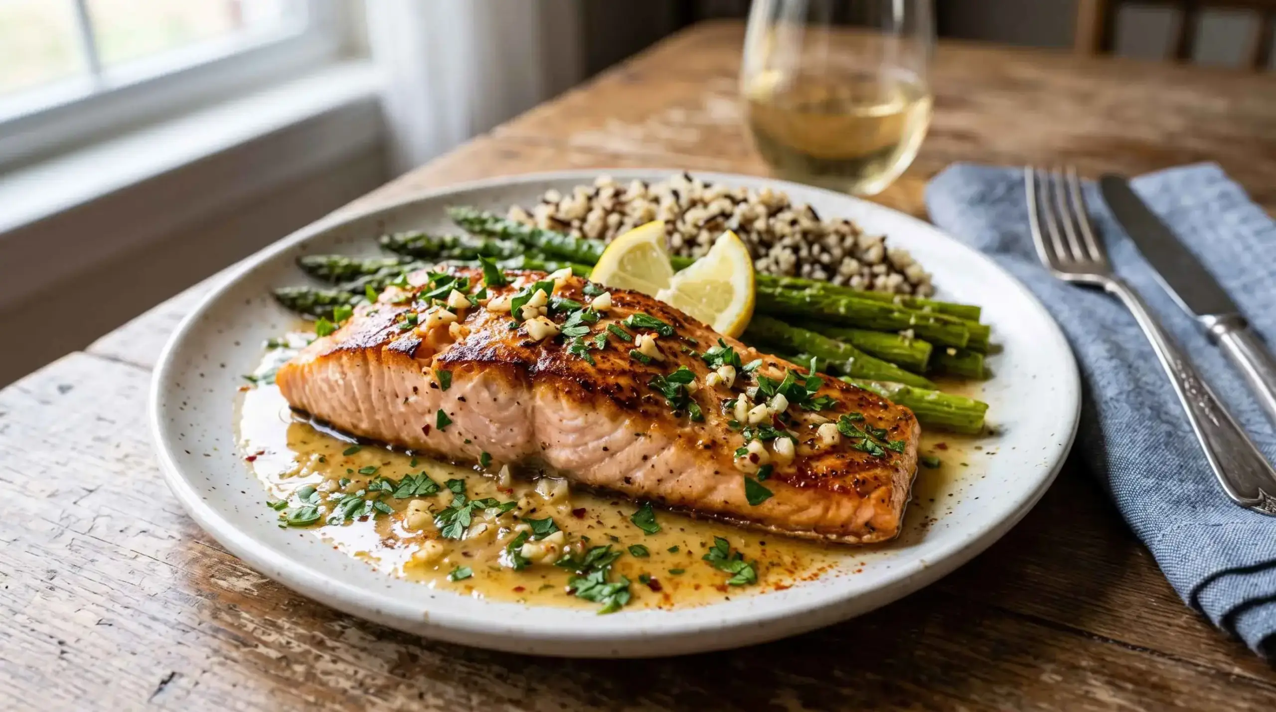 Lactose-free garlic butter salmon with lemon and fresh parsley