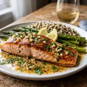 Lactose-free garlic butter salmon with lemon and parsley