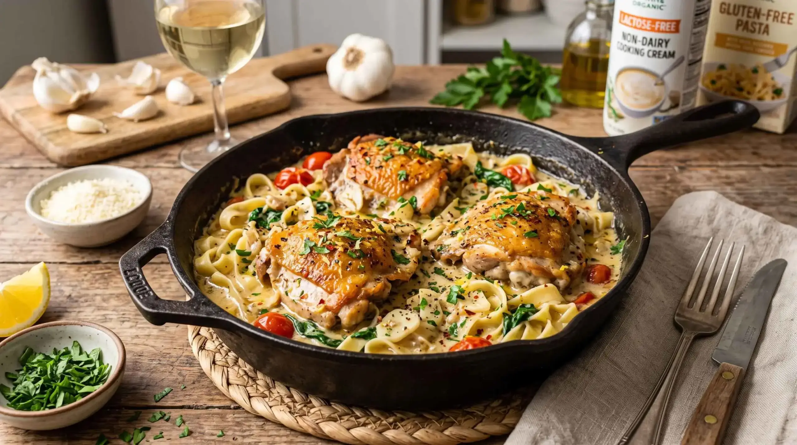 Lactose-free creamy garlic chicken in a skillet with fresh parsley